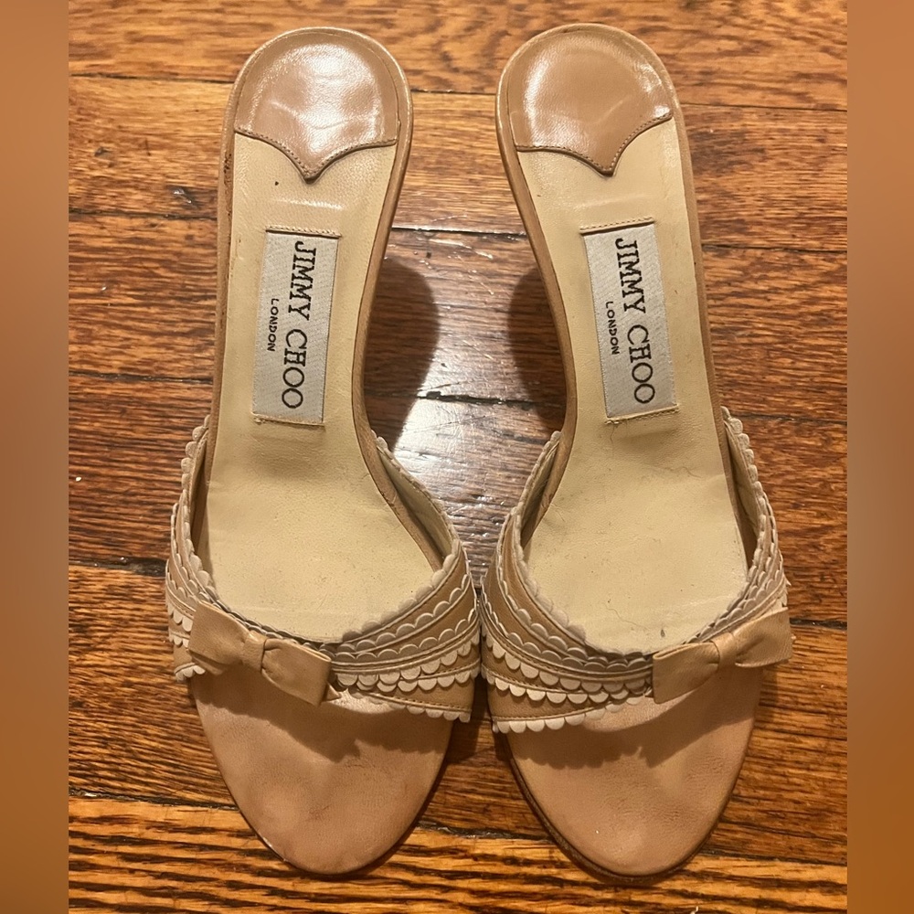 Vintage Jimmy Choo Tan Nude Bow Kitten Heels Size 36.5